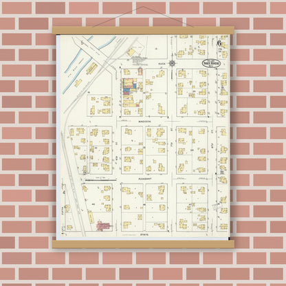 Old map wall art mockup — magnetic wood frame on brick wall — Sanborn Fire Insurance Map from Three Rivers, Saint Joseph County, Michigan (1916), Sheet #0006