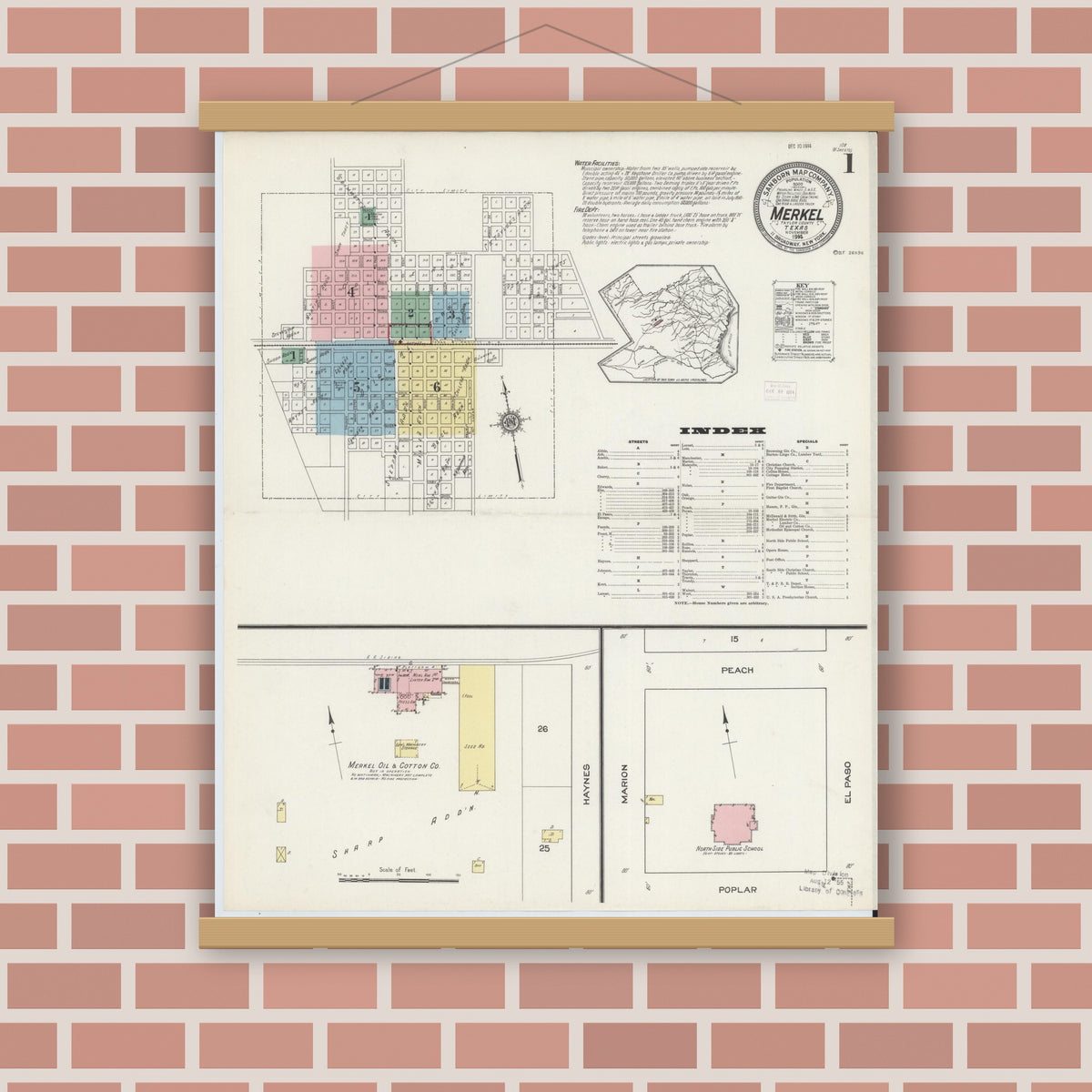 Old map wall art mockup — magnetic wood frame on brick wall — Sanborn Fire Insurance Map from Merkel, Taylor County, Texas (1914) - Complete Map Set