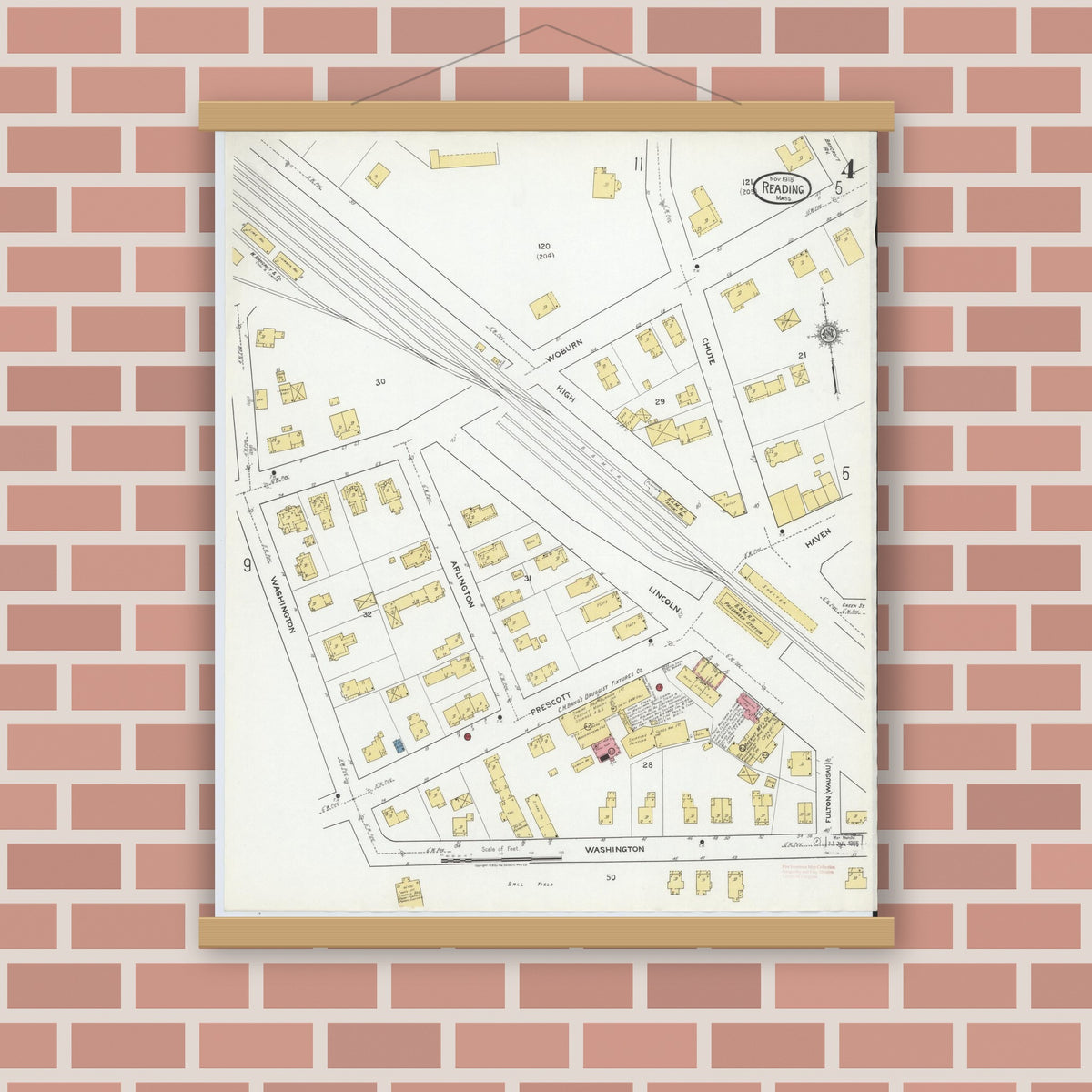 Old map wall art mockup — magnetic wood frame on brick wall — Sanborn Fire Insurance Map from Reading, Middlesex County, Massachusetts (1918), Sheet #0004