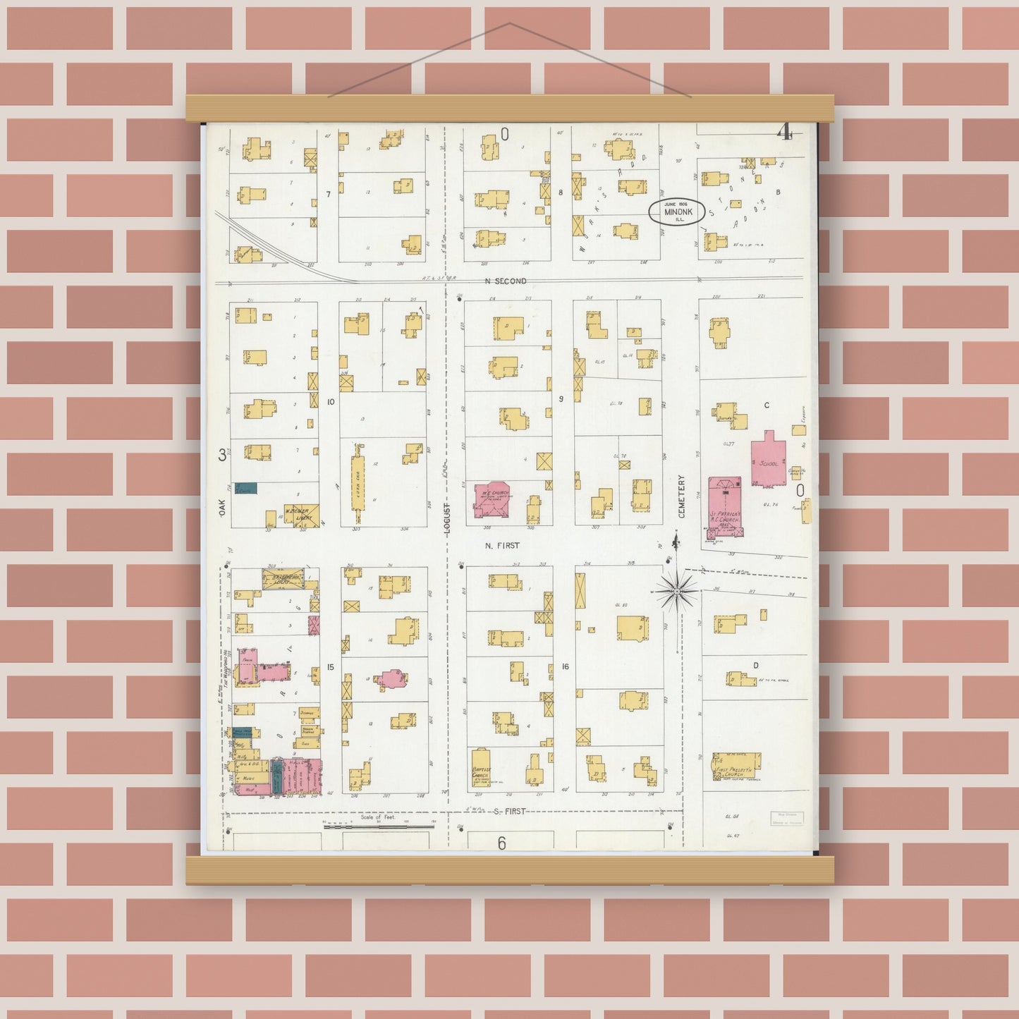 Old map wall art mockup — magnetic wood frame on brick wall — Sanborn Fire Insurance Map from Minonk, Woodford County, Illinois (1906), Sheet #0004