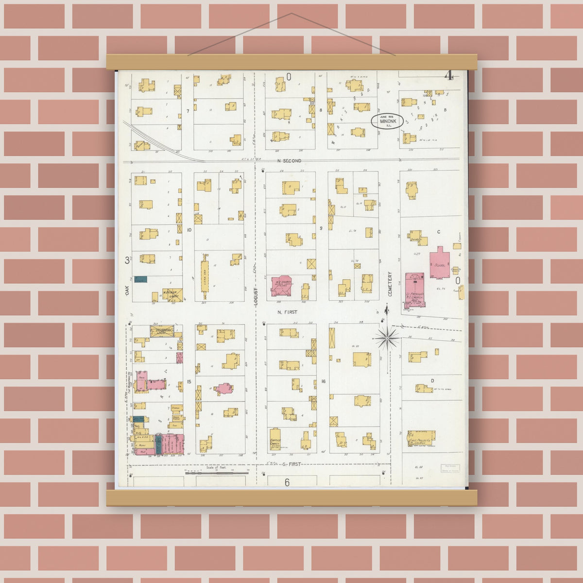 Old map wall art mockup — magnetic wood frame on brick wall — Sanborn Fire Insurance Map from Minonk, Woodford County, Illinois (1906), Sheet #0004