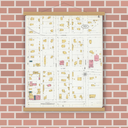 Old map wall art mockup — magnetic wood frame on brick wall — Sanborn Fire Insurance Map from Minonk, Woodford County, Illinois (1906), Sheet #0004