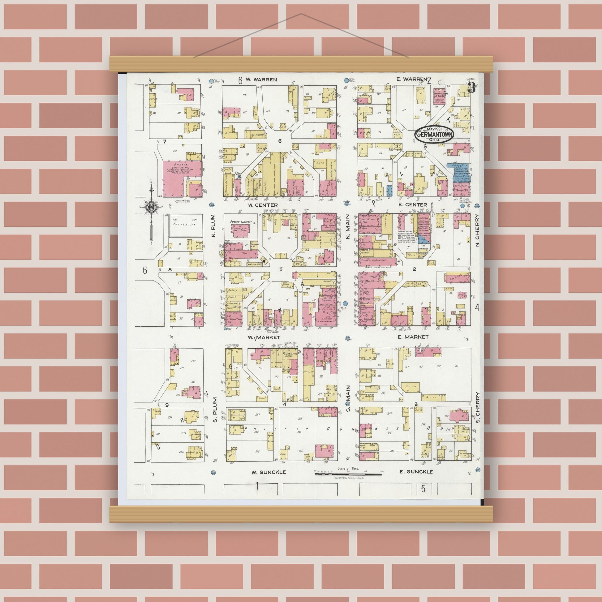 Old map wall art mockup — magnetic wood frame on brick wall — Sanborn Fire Insurance Map from Germantown, Montgomery County, Ohio (1921), Sheet #0003