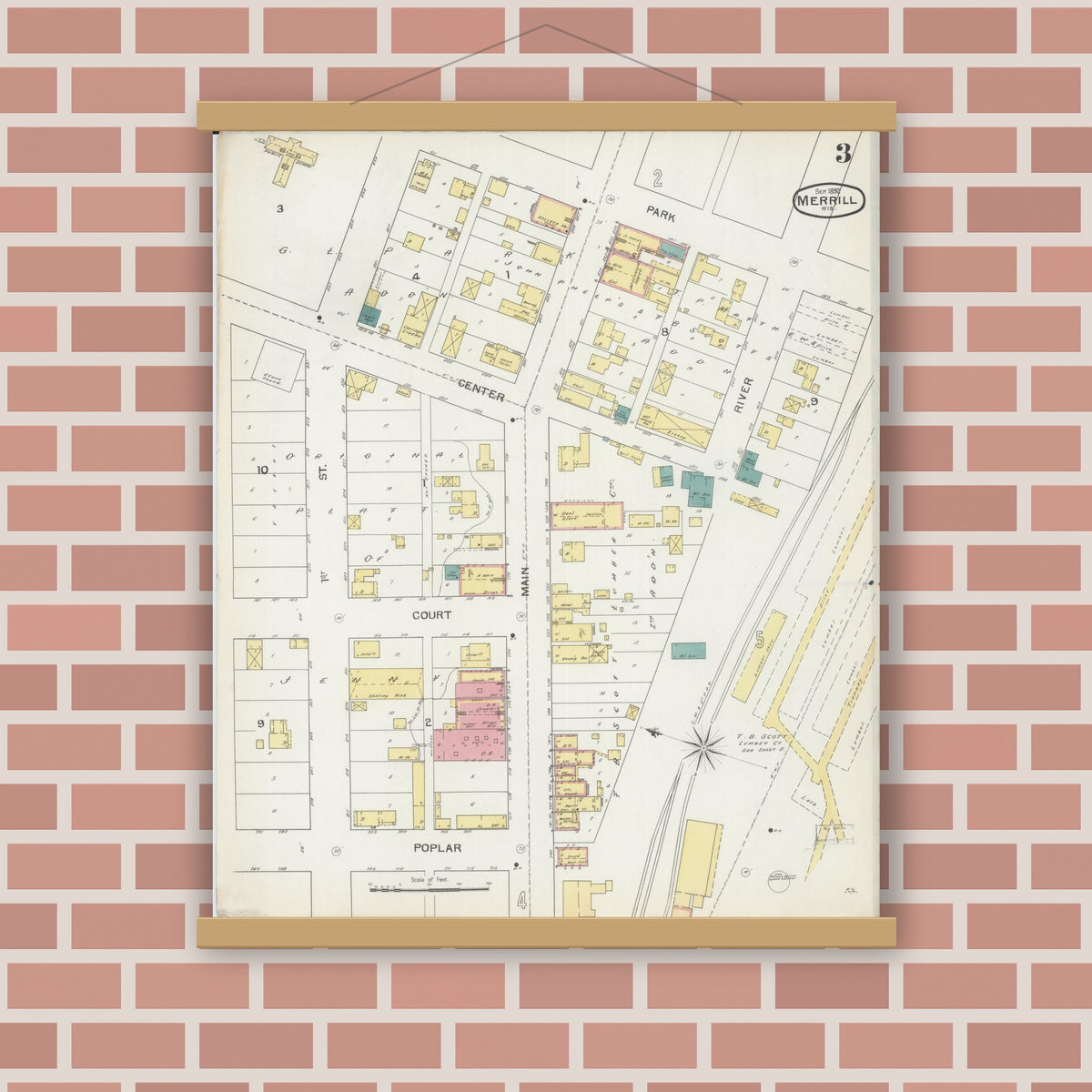 Old map wall art mockup — magnetic wood frame on brick wall — Sanborn Fire Insurance Map from Merrill, Lincoln County, Wisconsin (1892), Sheet #0003