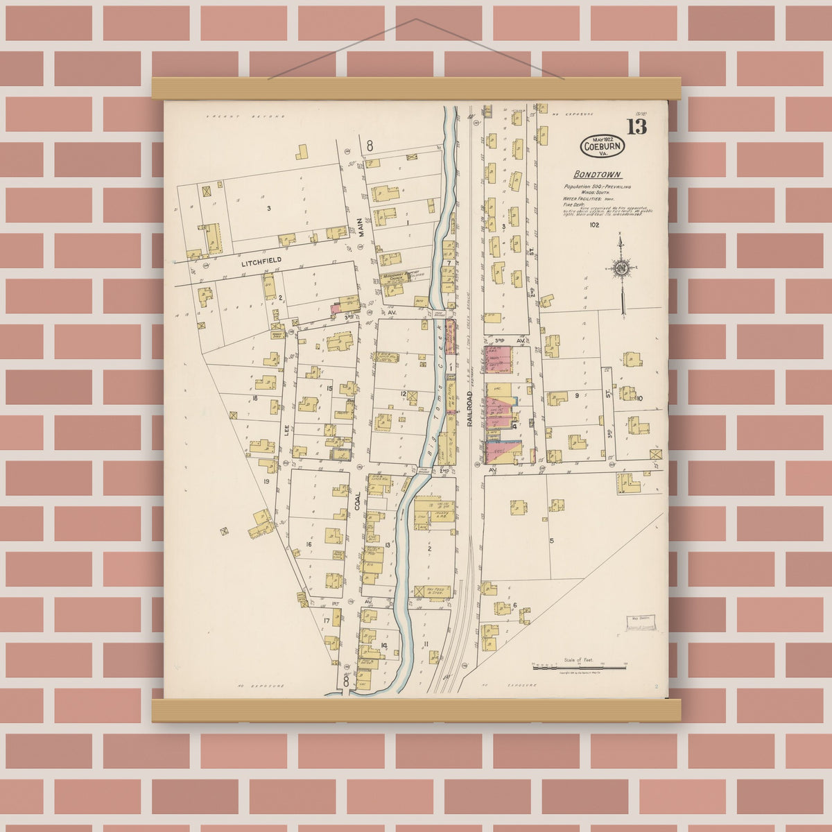 Old map wall art mockup — magnetic wood frame on brick wall — Sanborn Fire Insurance Map from Coeburn, Wise County, Virginia (1922), Sheet #0013