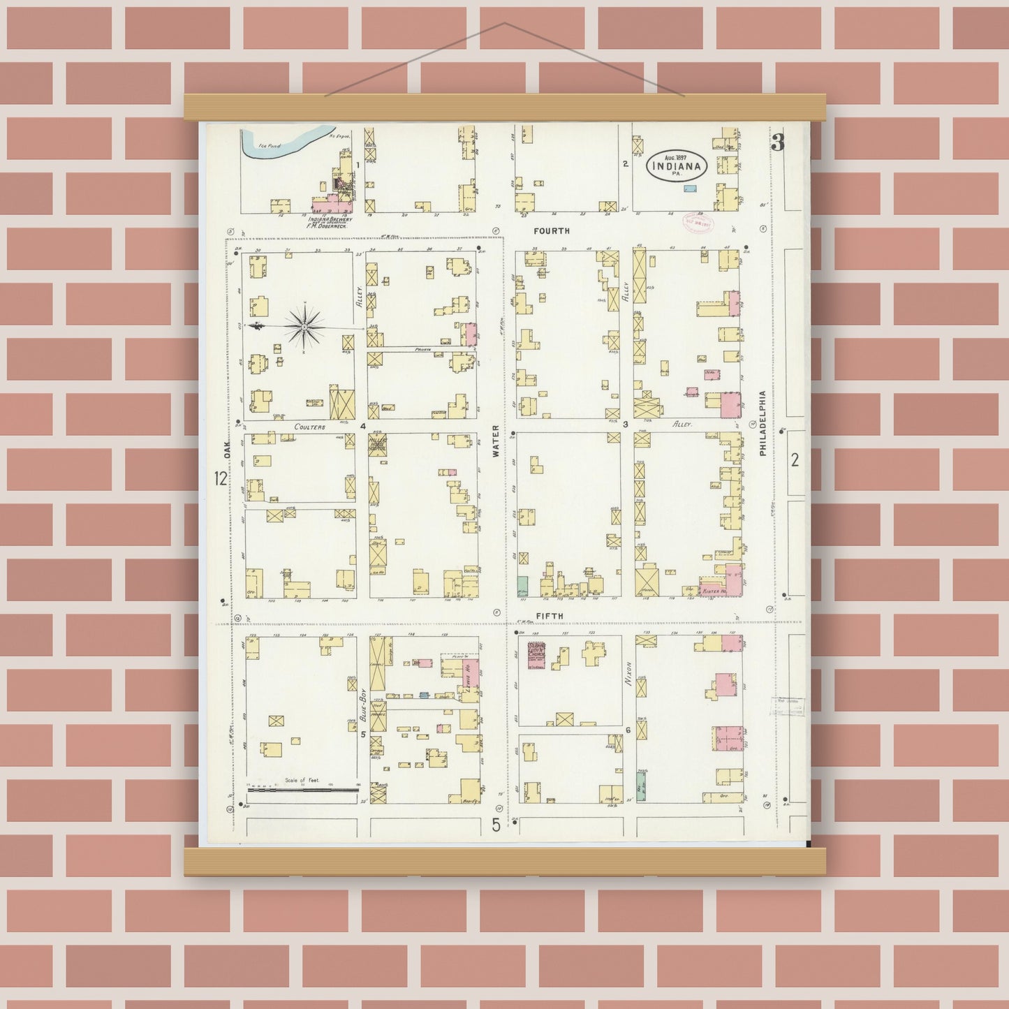 Old map wall art mockup — magnetic wood frame on brick wall — Sanborn Fire Insurance Map from Indiana, Indiana County, Pennsylvania (1888), Sheet #0003