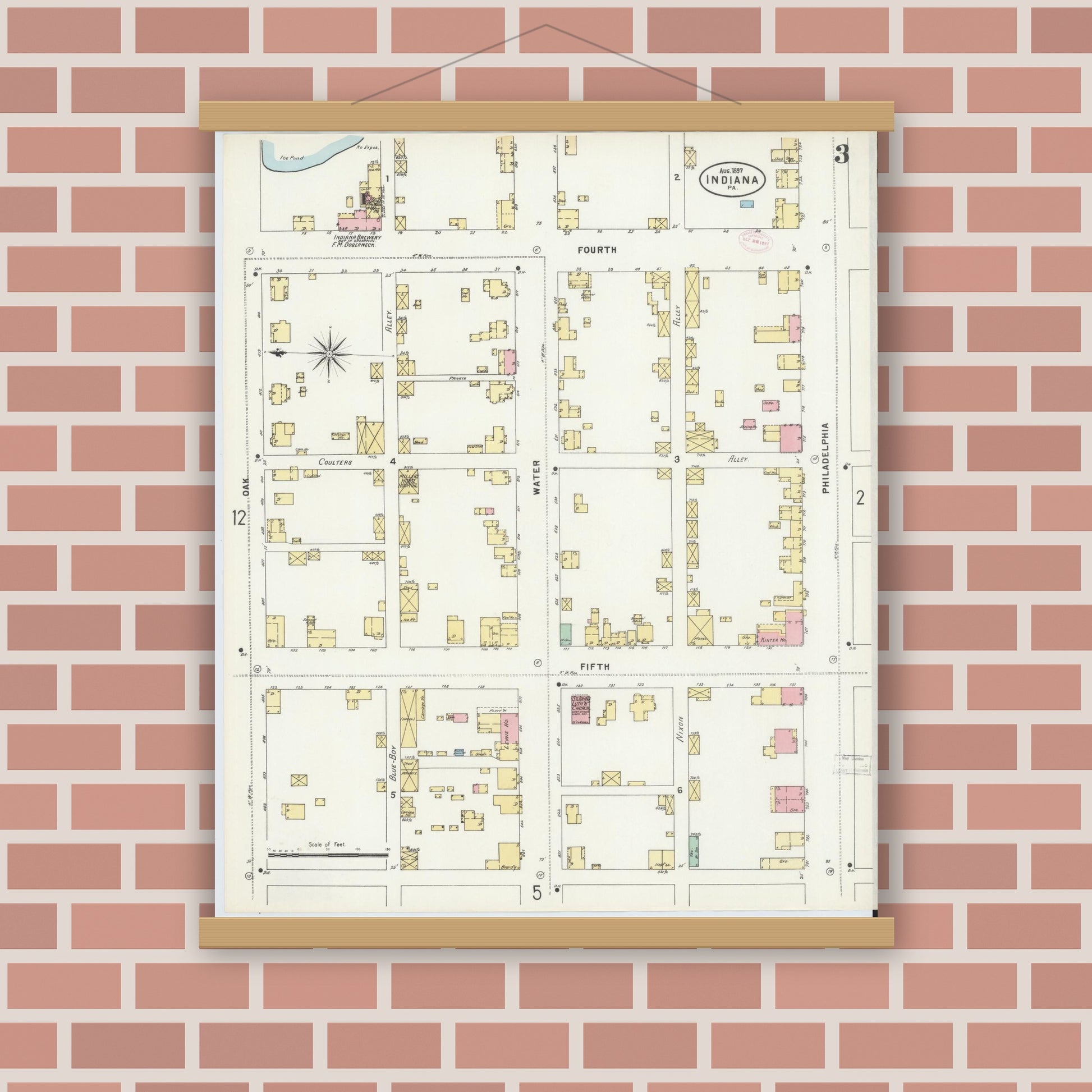 Old map wall art mockup — magnetic wood frame on brick wall — Sanborn Fire Insurance Map from Indiana, Indiana County, Pennsylvania (1888), Sheet #0003