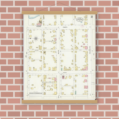 Old map wall art mockup — magnetic wood frame on brick wall — Sanborn Fire Insurance Map from Indiana, Indiana County, Pennsylvania (1888), Sheet #0003