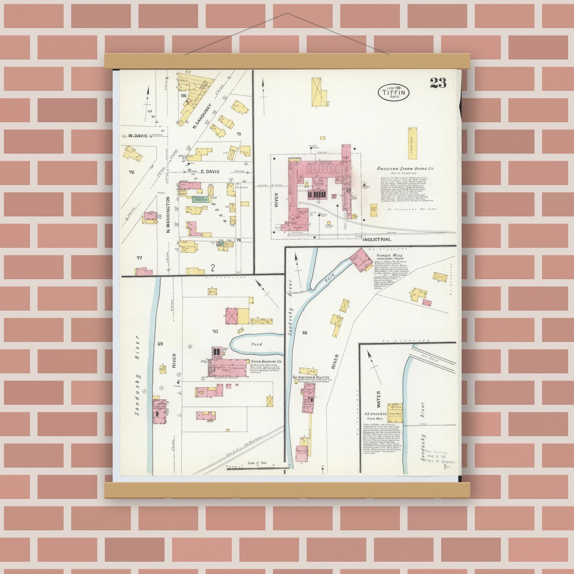 Old map wall art mockup — magnetic wood frame on brick wall — Sanborn Fire Insurance Map from Tiffin, Seneca County, Ohio (1908), Sheet #0023