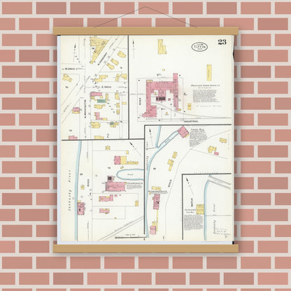 Old map wall art mockup — magnetic wood frame on brick wall — Sanborn Fire Insurance Map from Tiffin, Seneca County, Ohio (1908), Sheet #0023