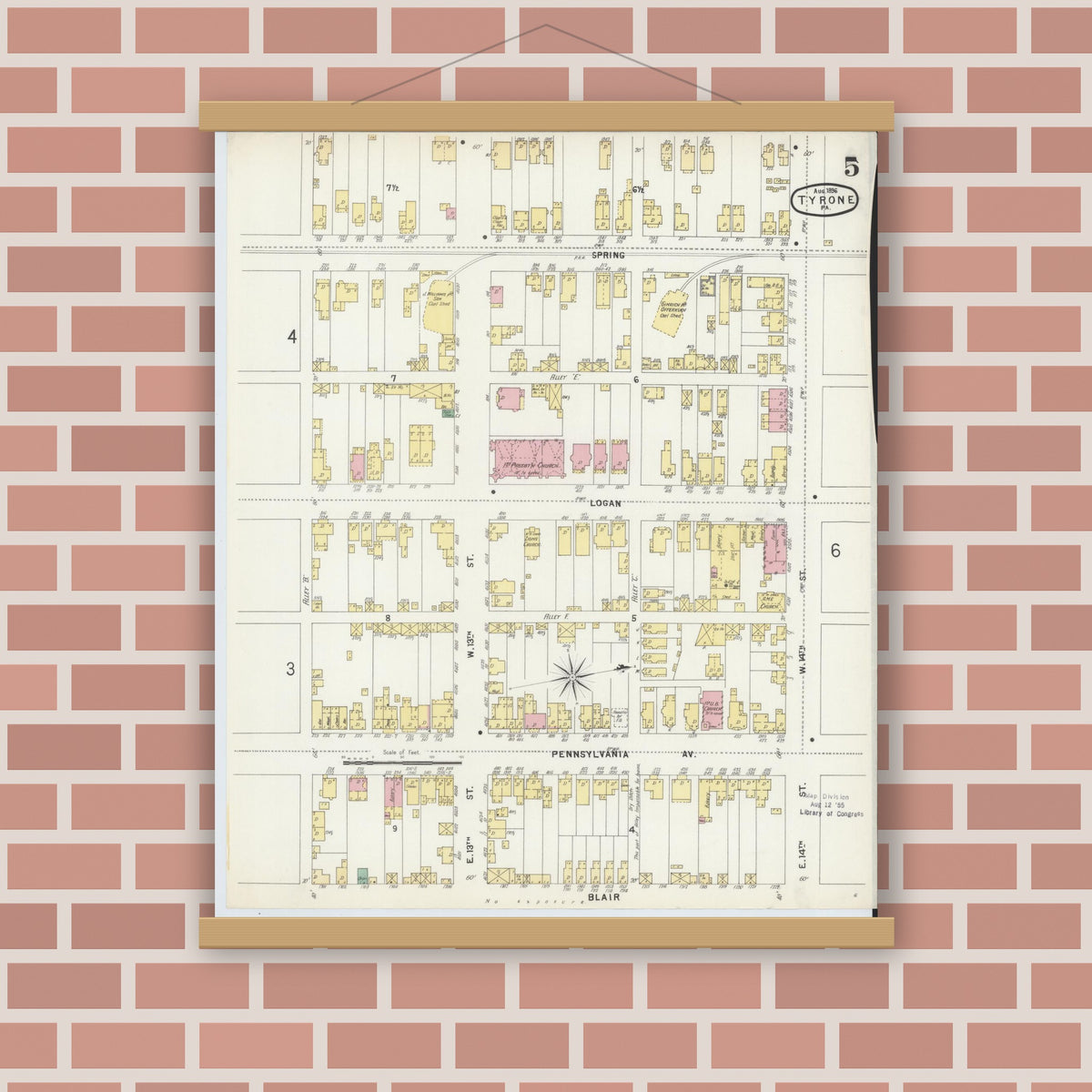 Old map wall art mockup — magnetic wood frame on brick wall — Sanborn Fire Insurance Map from Tyrone, Blair County, Pennsylvania (1896), Sheet #0005