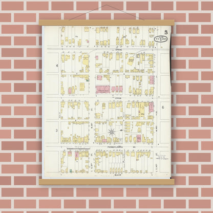 Old map wall art mockup — magnetic wood frame on brick wall — Sanborn Fire Insurance Map from Tyrone, Blair County, Pennsylvania (1896), Sheet #0005
