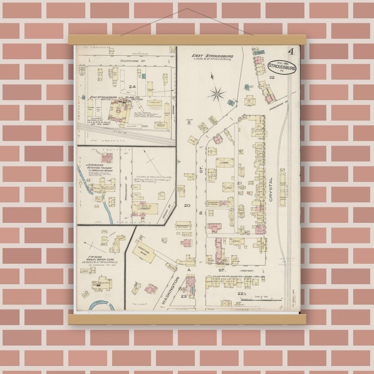 Old map wall art mockup — magnetic wood frame on brick wall — Sanborn Fire Insurance Map from Stroudsburg, Monroe County, Pennsylvania (1885), Sheet #0004