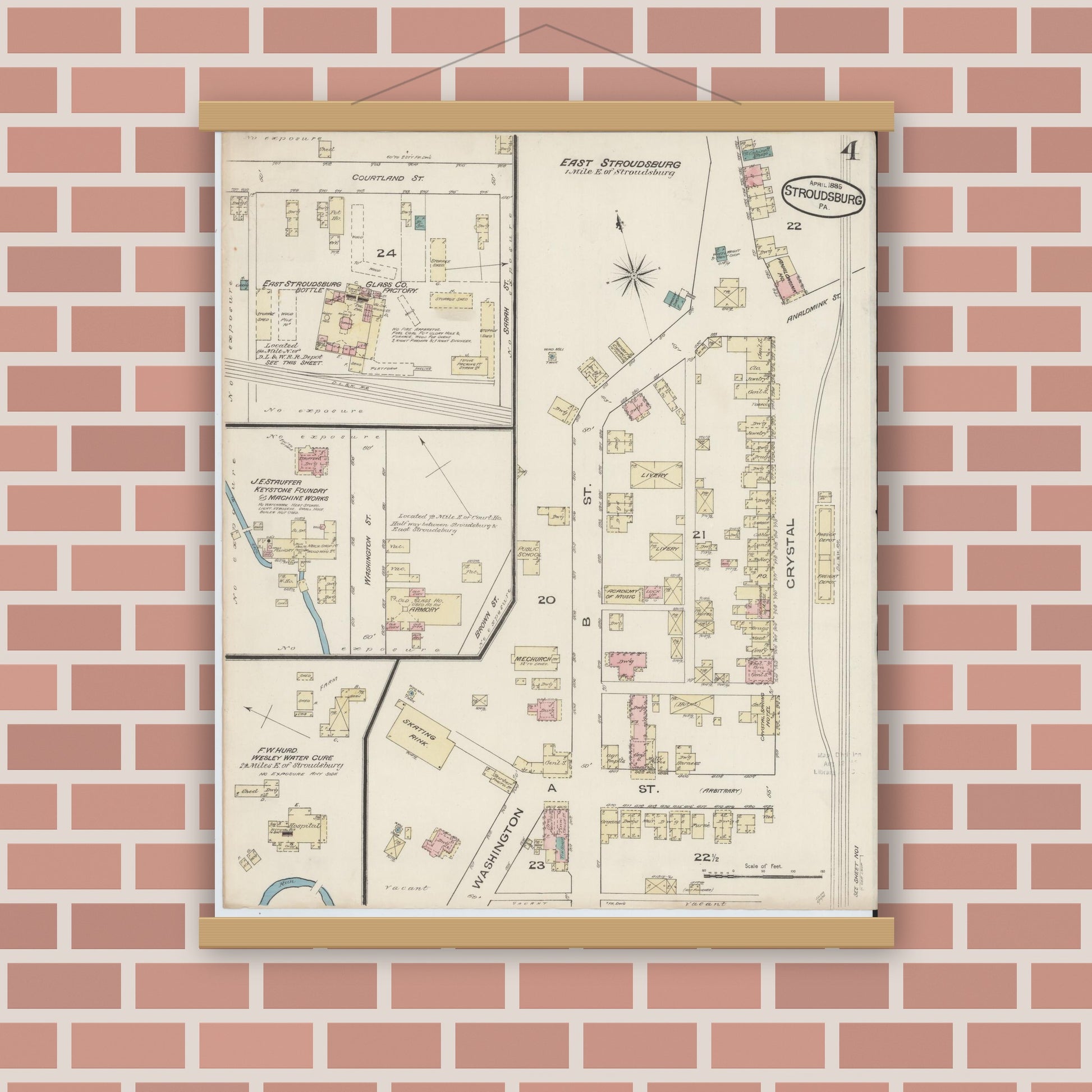 Old map wall art mockup — magnetic wood frame on brick wall — Sanborn Fire Insurance Map from Stroudsburg, Monroe County, Pennsylvania (1885), Sheet #0004