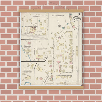 Old map wall art mockup — magnetic wood frame on brick wall — Sanborn Fire Insurance Map from Stroudsburg, Monroe County, Pennsylvania (1885), Sheet #0004