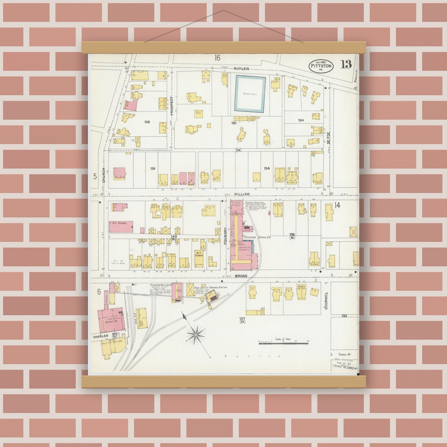 Old map wall art mockup — magnetic wood frame on brick wall — Sanborn Fire Insurance Map from Pittston, Luzerne County, Pennsylvania (1903), Sheet #0013