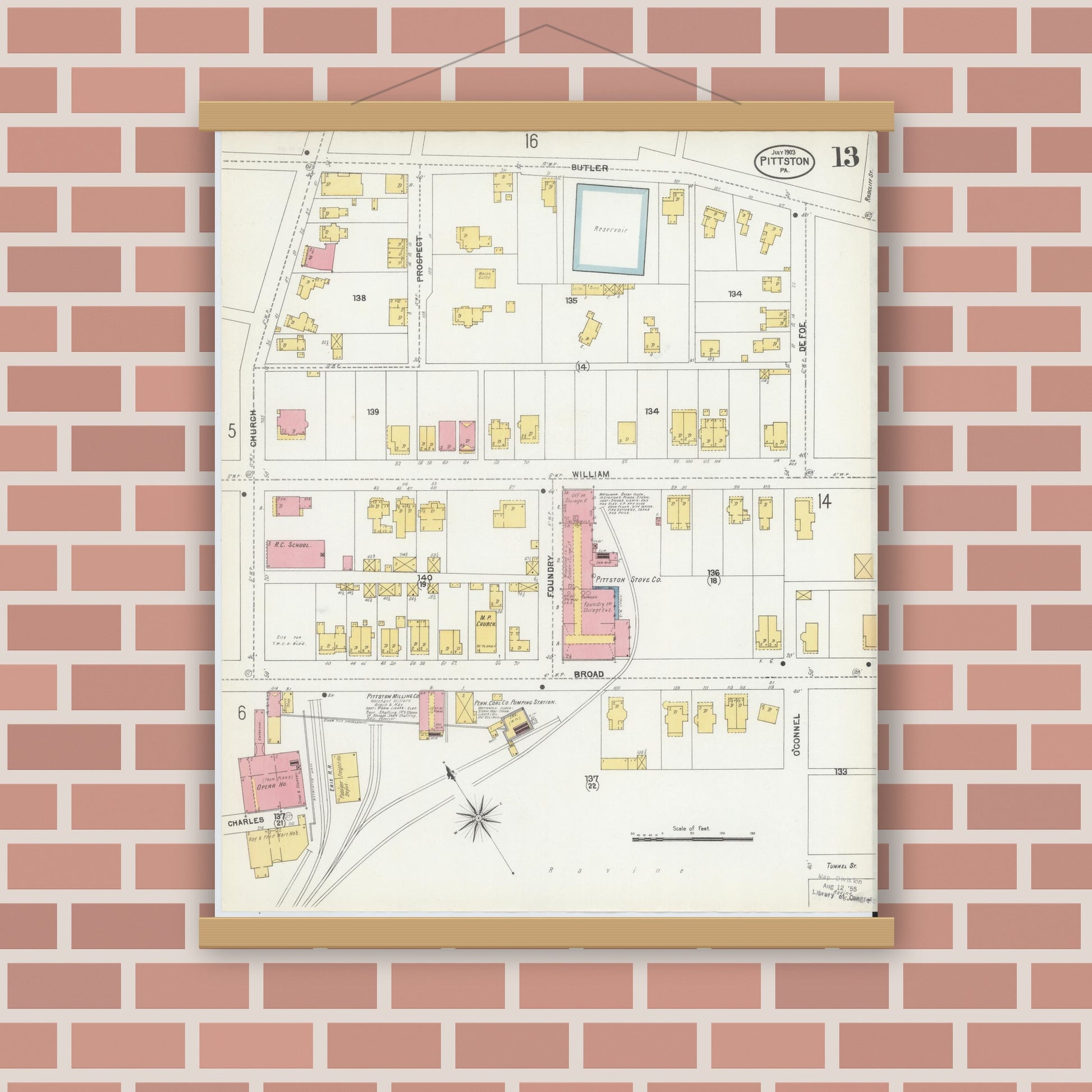 Old map wall art mockup — magnetic wood frame on brick wall — Sanborn Fire Insurance Map from Pittston, Luzerne County, Pennsylvania (1903), Sheet #0013