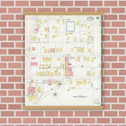 Old map wall art mockup — magnetic wood frame on brick wall — Sanborn Fire Insurance Map from Pittston, Luzerne County, Pennsylvania (1903), Sheet #0013
