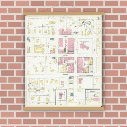 Old map wall art mockup — magnetic wood frame on brick wall — Sanborn Fire Insurance Map from Plattsburg, Clinton County, Missouri (1909), Sheet #0003