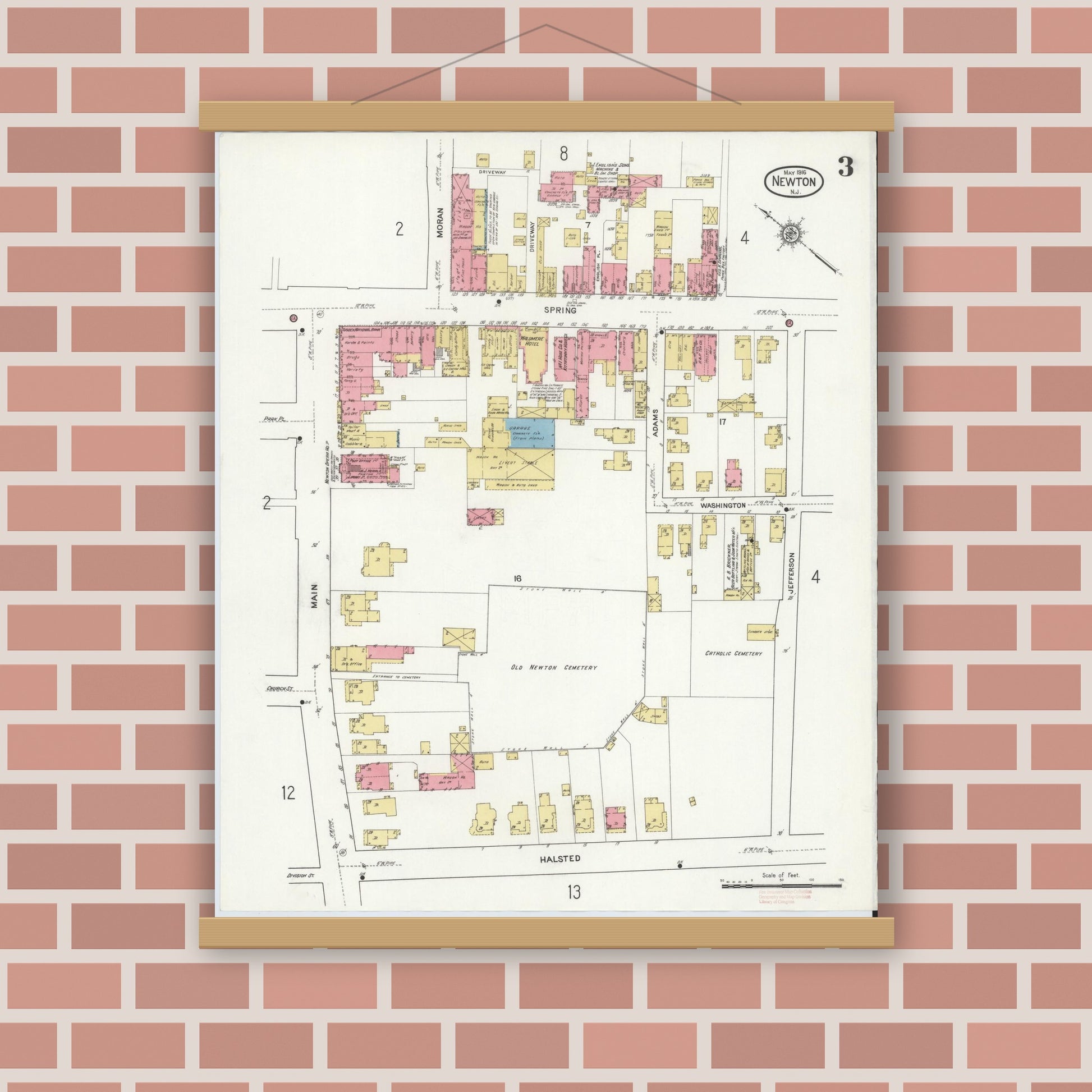 Old map wall art mockup — magnetic wood frame on brick wall — Sanborn Fire Insurance Map from Newton, Sussex County, New Jersey (1916), Sheet #0003