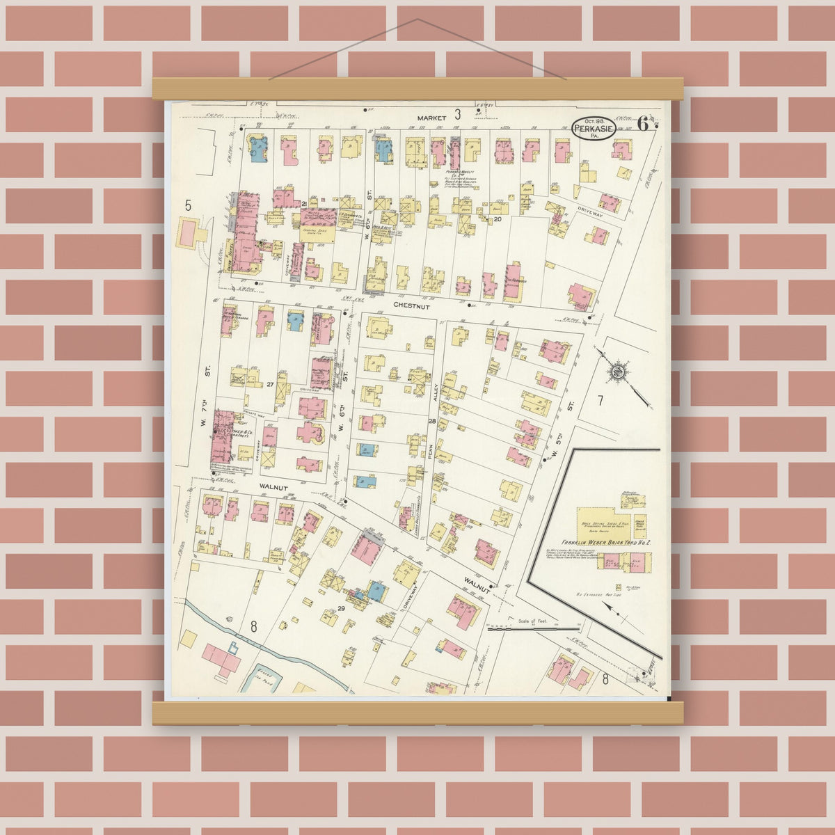 Old map wall art mockup — magnetic wood frame on brick wall — Sanborn Fire Insurance Map from Perkasie, Bucks County, Pennsylvania (1913), Sheet #0006