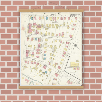 Old map wall art mockup — magnetic wood frame on brick wall — Sanborn Fire Insurance Map from Perkasie, Bucks County, Pennsylvania (1913), Sheet #0006