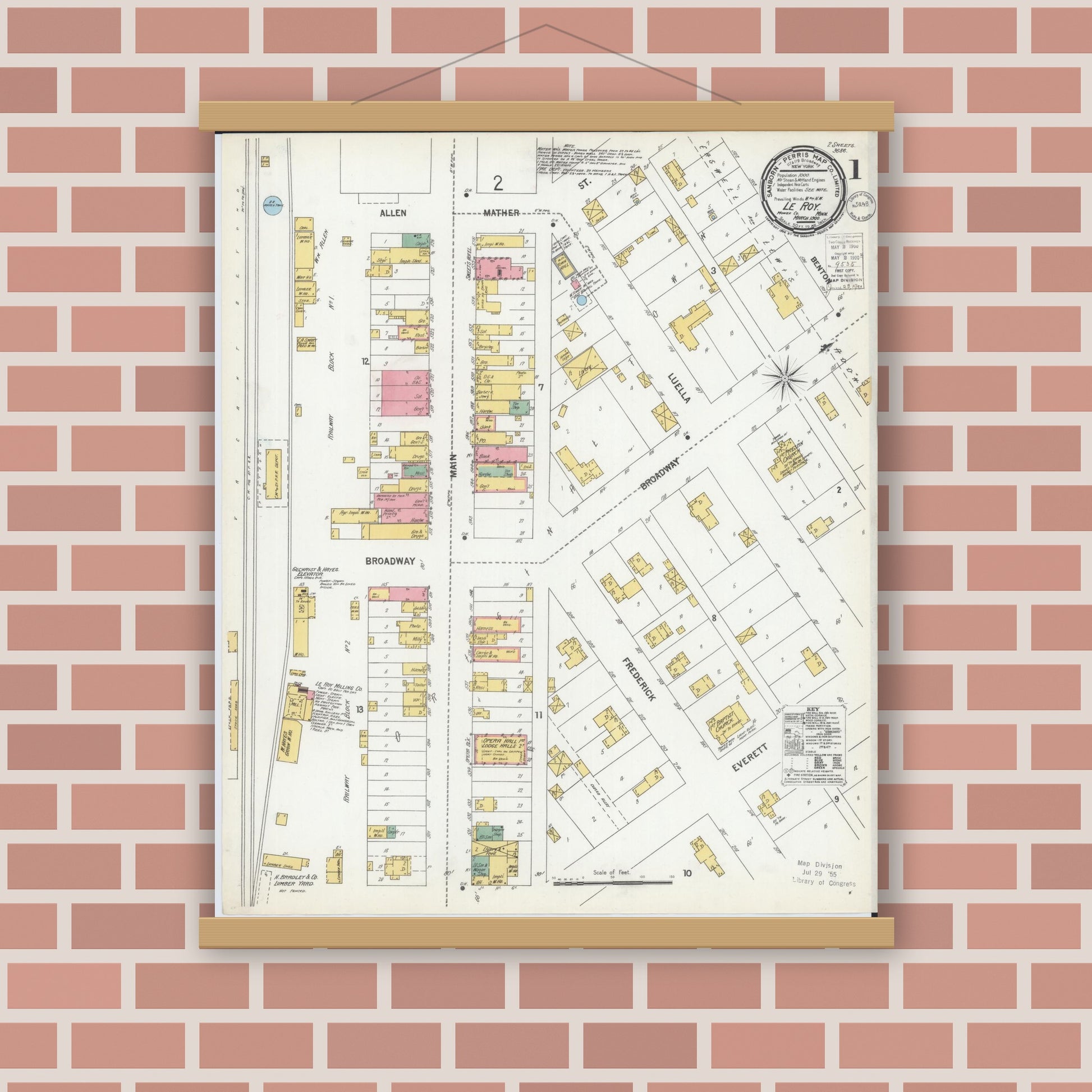 Old map wall art mockup — magnetic wood frame on brick wall — Sanborn Fire Insurance Map from Le Roy, Mower County, Minnesota (1900) - Complete Map Set