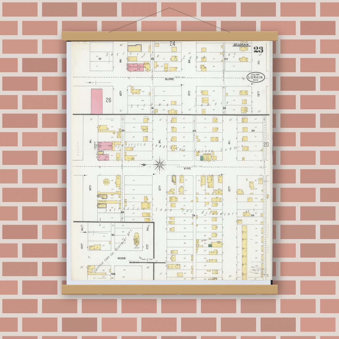 Old map wall art mockup — magnetic wood frame on brick wall — Sanborn Fire Insurance Map from Lorain, Lorain County, Ohio (1905), Sheet #0023