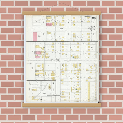 Old map wall art mockup — magnetic wood frame on brick wall — Sanborn Fire Insurance Map from Lorain, Lorain County, Ohio (1905), Sheet #0023