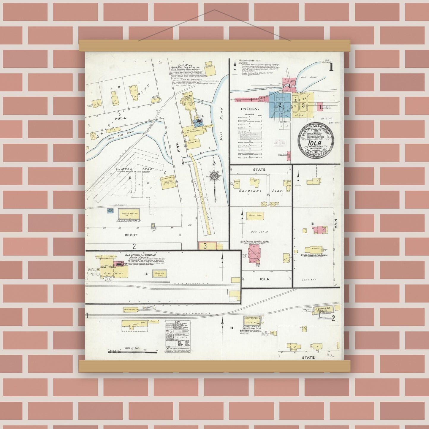 Old map wall art mockup — magnetic wood frame on brick wall — Sanborn Fire Insurance Map from Iola, Waupaca County, Wisconsin (1911) - Complete Map Set