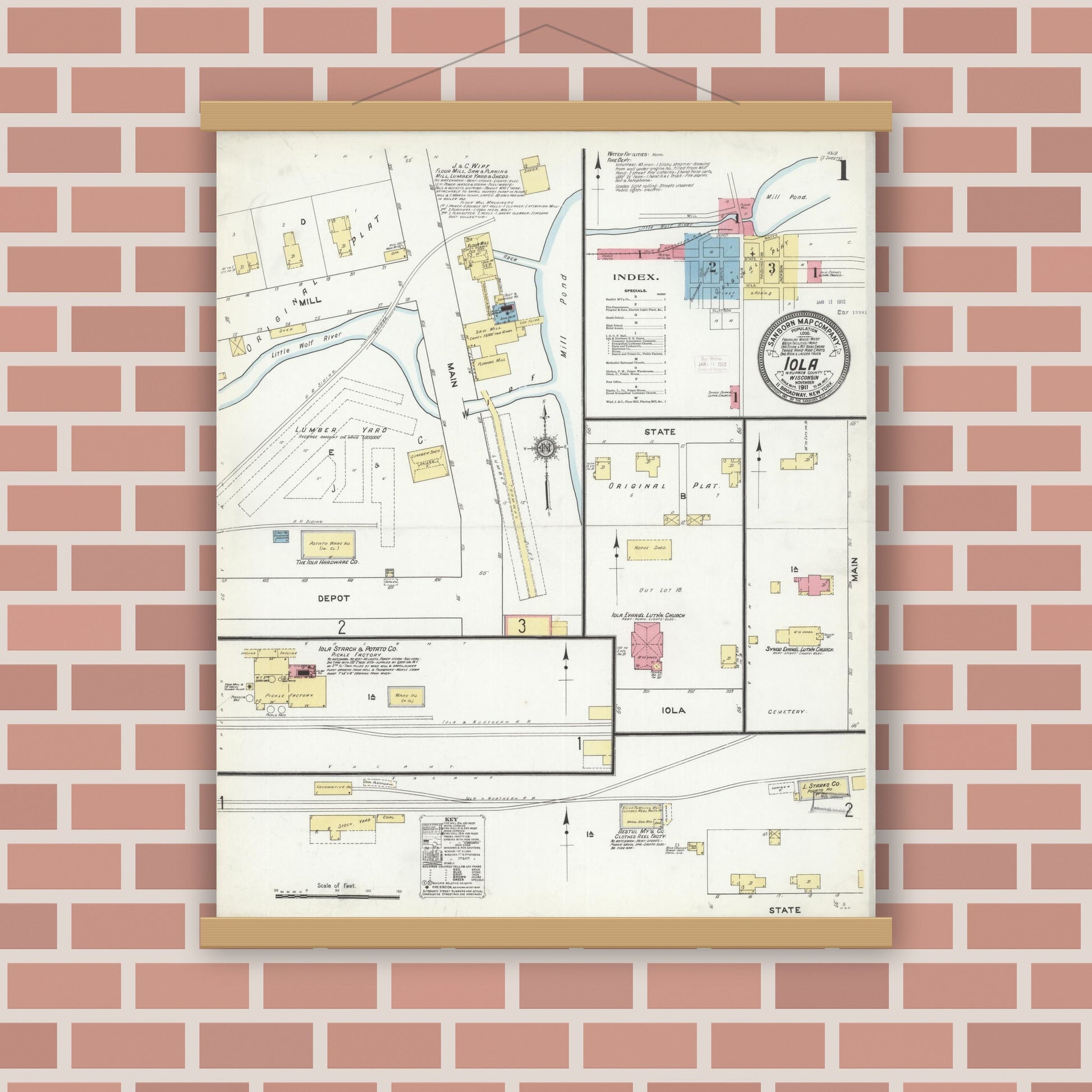 Old map wall art mockup — magnetic wood frame on brick wall — Sanborn Fire Insurance Map from Iola, Waupaca County, Wisconsin (1911) - Complete Map Set
