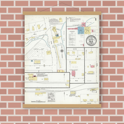 Old map wall art mockup — magnetic wood frame on brick wall — Sanborn Fire Insurance Map from Iola, Waupaca County, Wisconsin (1911) - Complete Map Set