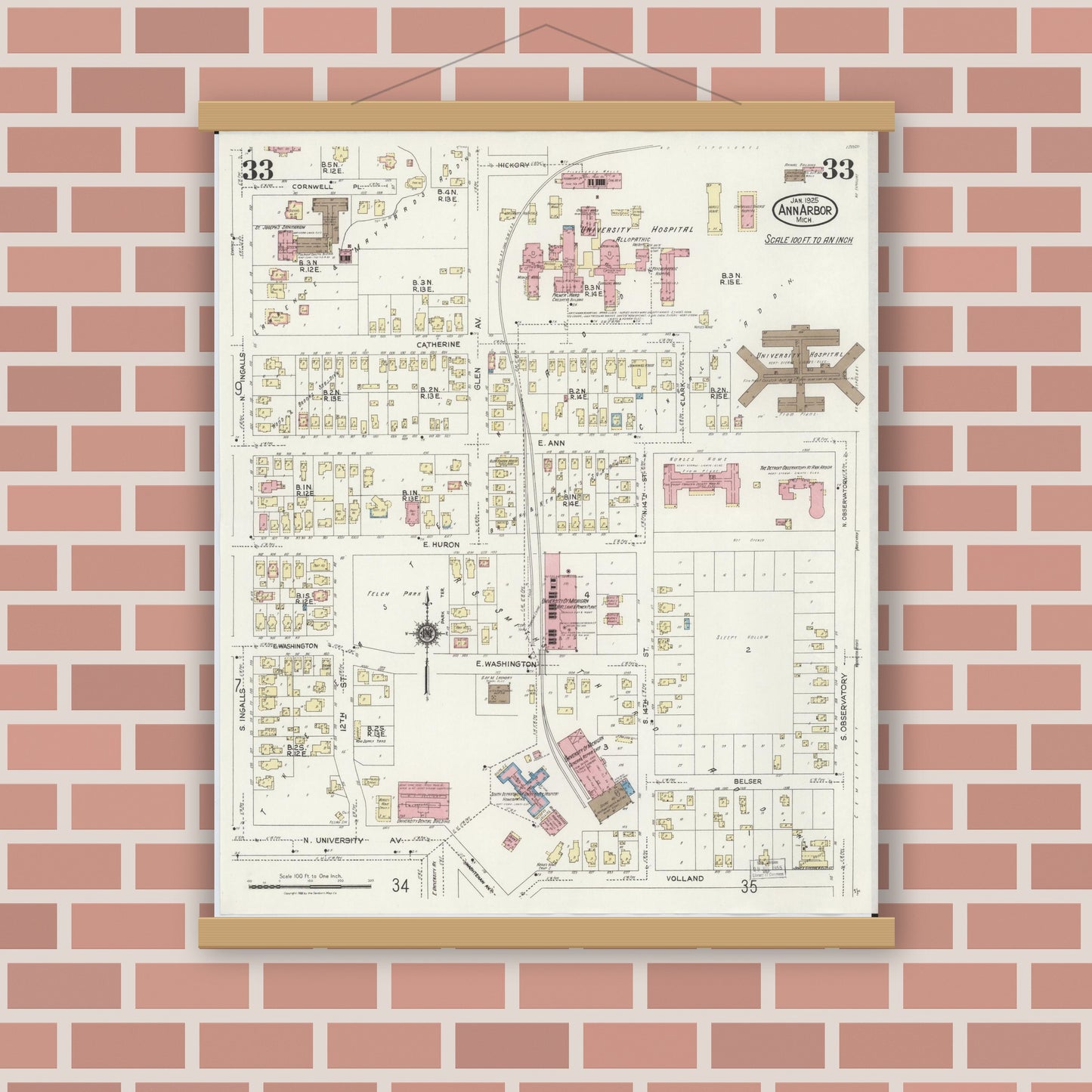 Old map wall art mockup — magnetic wood frame on brick wall — Sanborn Fire Insurance Map from Ann Arbor, Washtenaw County, Michigan (1925), Sheet #0033