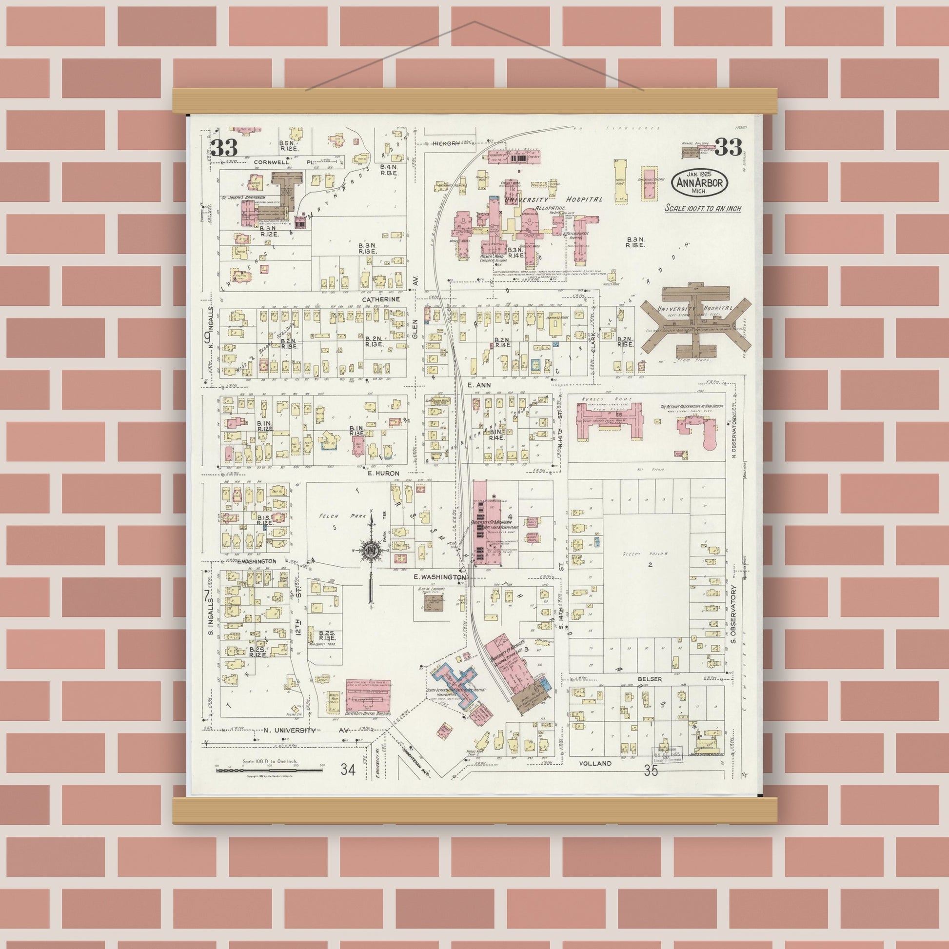 Old map wall art mockup — magnetic wood frame on brick wall — Sanborn Fire Insurance Map from Ann Arbor, Washtenaw County, Michigan (1925), Sheet #0033