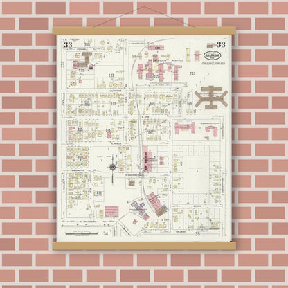 Old map wall art mockup — magnetic wood frame on brick wall — Sanborn Fire Insurance Map from Ann Arbor, Washtenaw County, Michigan (1925), Sheet #0033