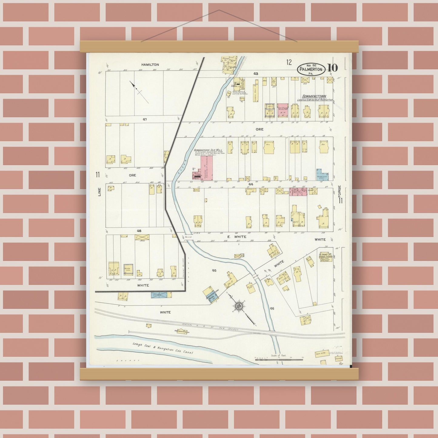 Old map wall art mockup — magnetic wood frame on brick wall — Sanborn Fire Insurance Map from Palmerton, Carbon County, Pennsylvania (1912), Sheet #0010