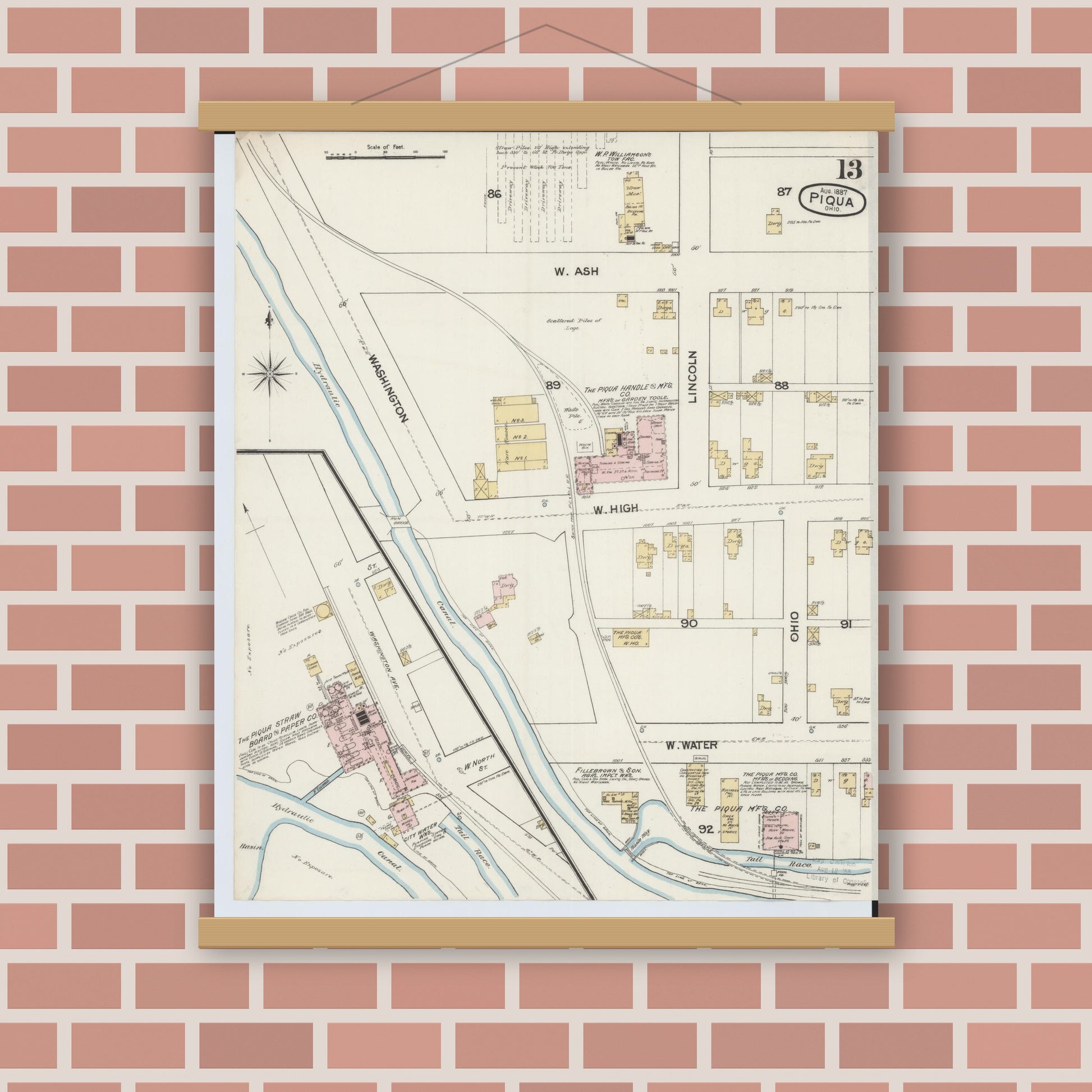Old map wall art mockup — magnetic wood frame on brick wall — Sanborn Fire Insurance Map from Piqua, Miami County, Ohio (1887), Sheet #0013