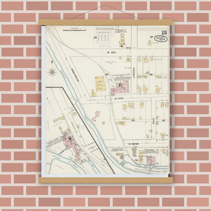 Old map wall art mockup — magnetic wood frame on brick wall — Sanborn Fire Insurance Map from Piqua, Miami County, Ohio (1887), Sheet #0013