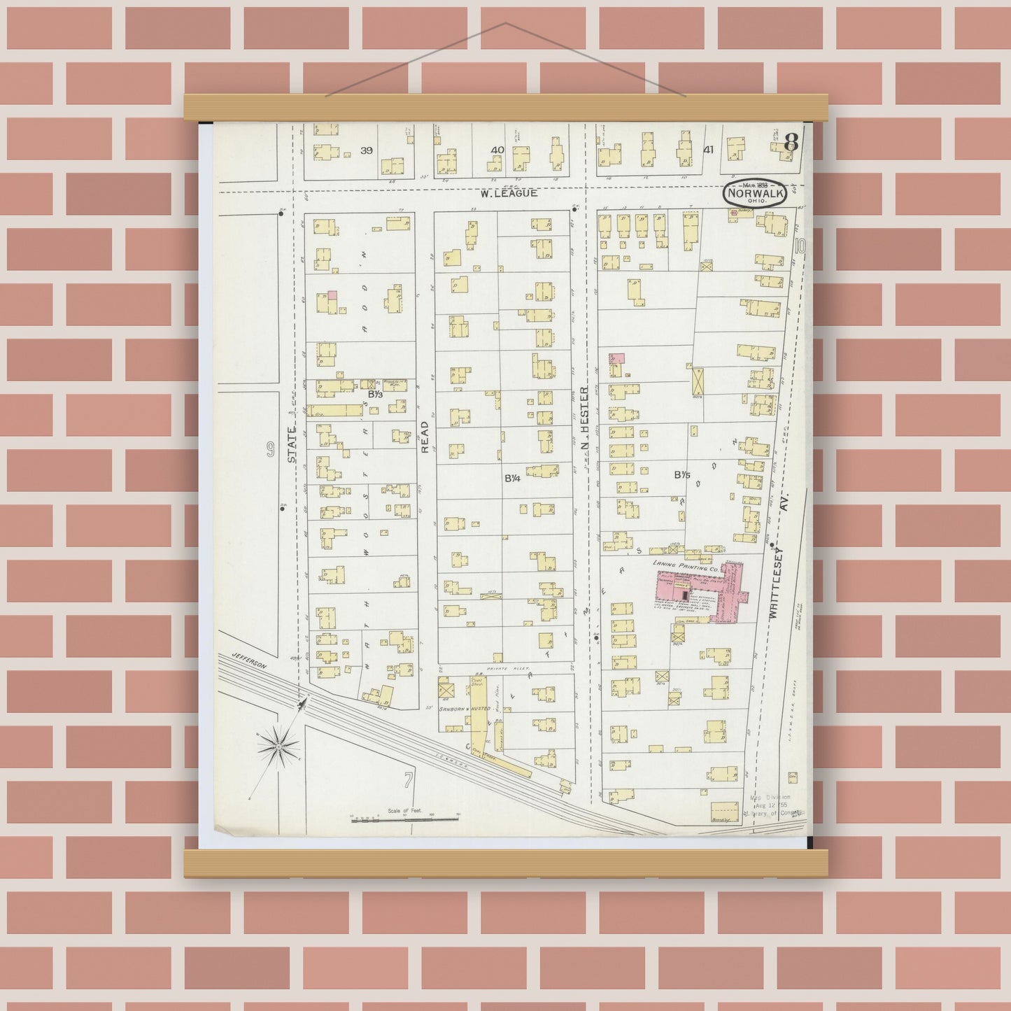 Old map wall art mockup — magnetic wood frame on brick wall — Sanborn Fire Insurance Map from Norwalk, Huron County, Ohio (1893), Sheet #0008