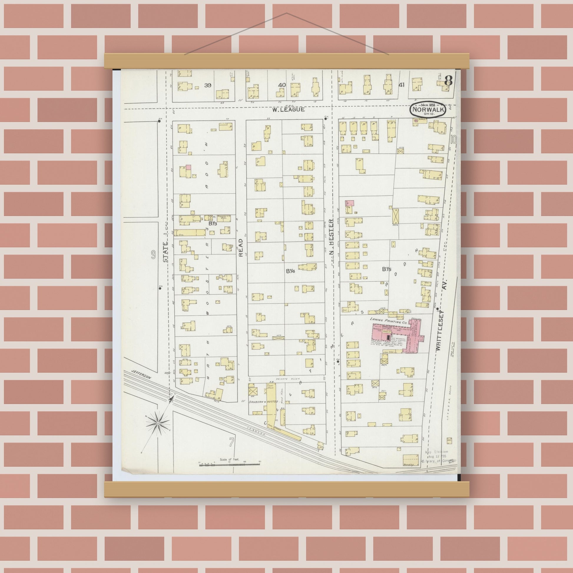 Old map wall art mockup — magnetic wood frame on brick wall — Sanborn Fire Insurance Map from Norwalk, Huron County, Ohio (1893), Sheet #0008