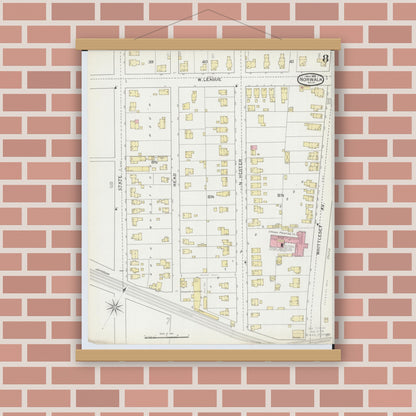 Old map wall art mockup — magnetic wood frame on brick wall — Sanborn Fire Insurance Map from Norwalk, Huron County, Ohio (1893), Sheet #0008