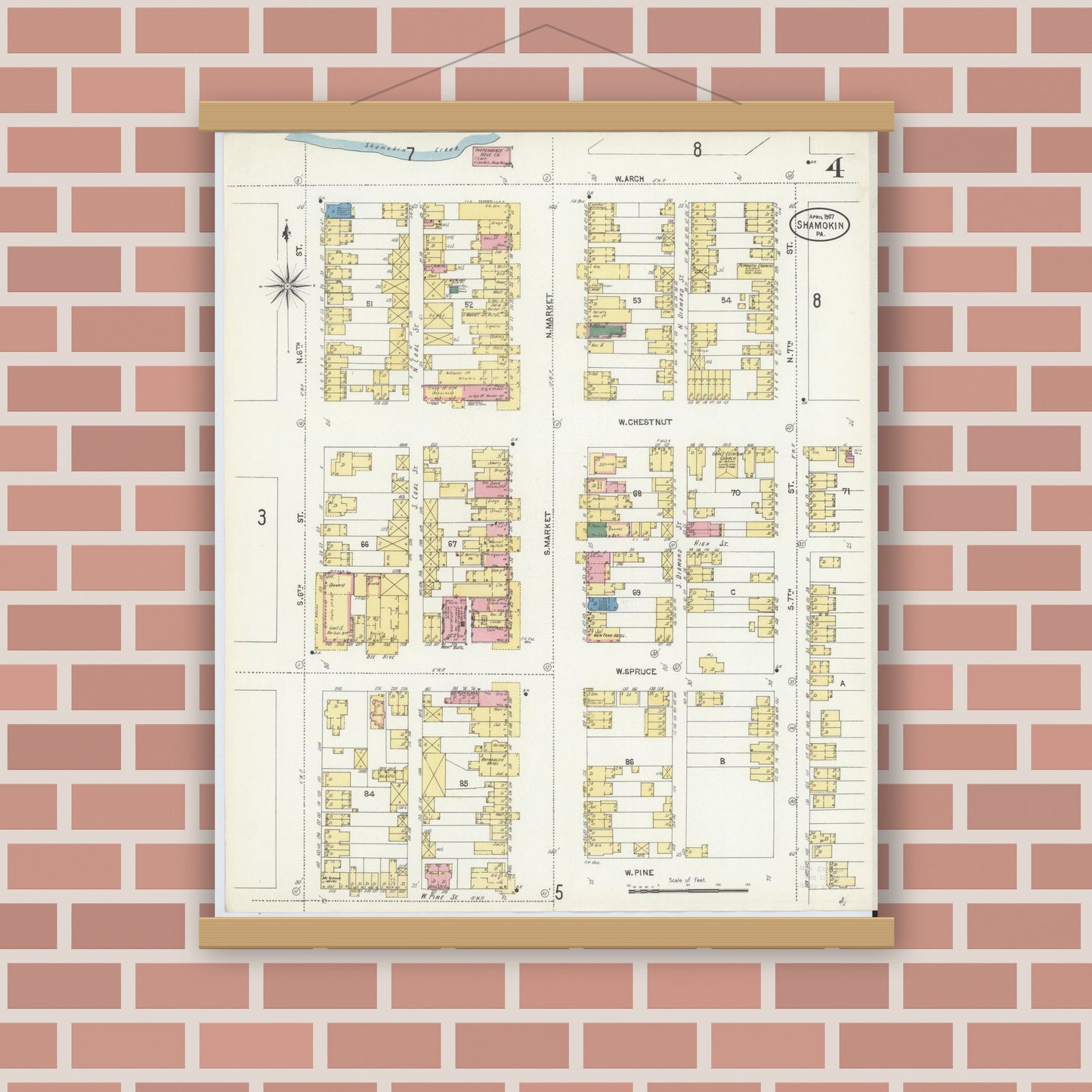 Old map wall art mockup — magnetic wood frame on brick wall — Sanborn Fire Insurance Map from Shamokin, Northumberland County, Pennsylvania (1907), Sheet #0004