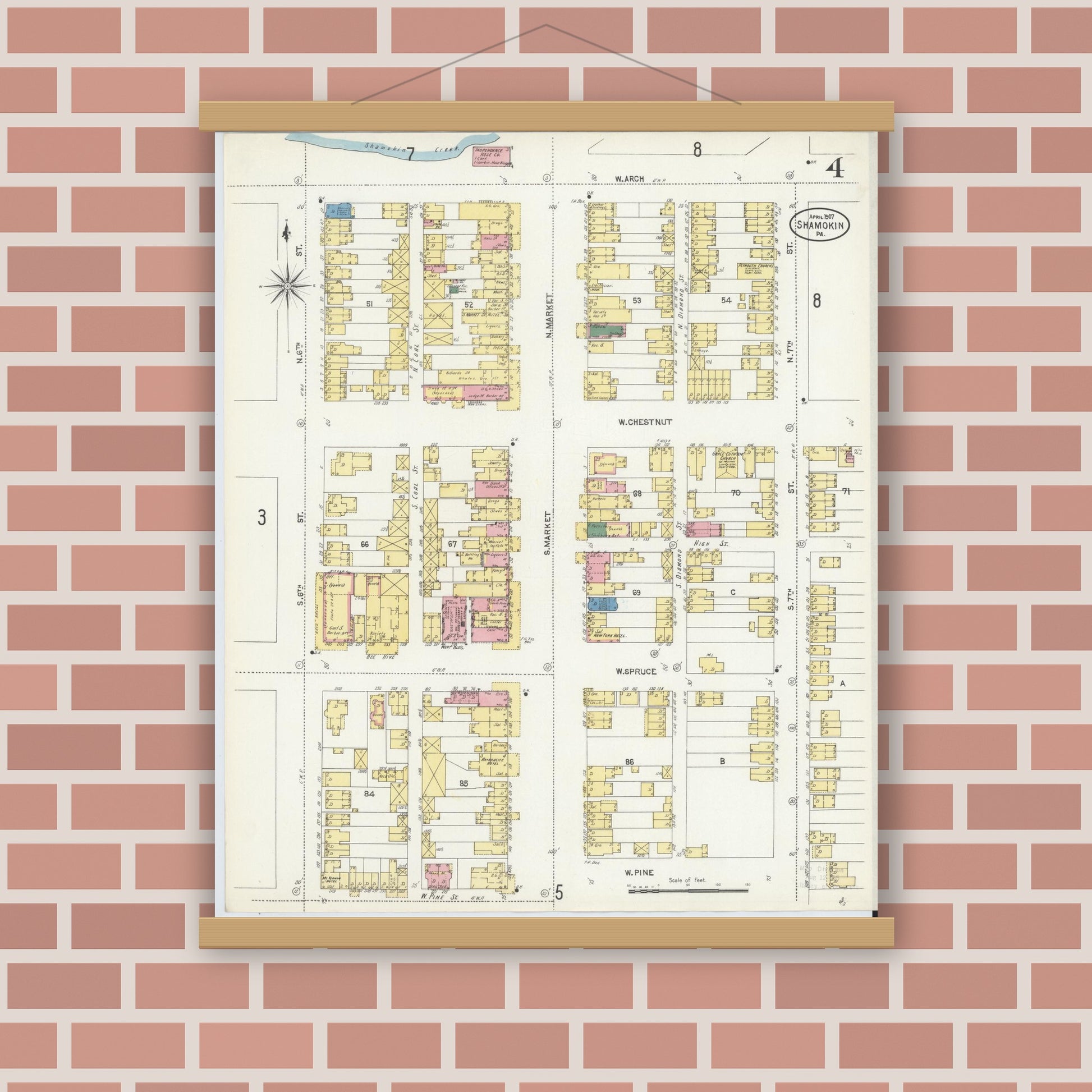 Old map wall art mockup — magnetic wood frame on brick wall — Sanborn Fire Insurance Map from Shamokin, Northumberland County, Pennsylvania (1907), Sheet #0004