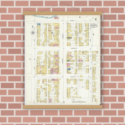 Old map wall art mockup — magnetic wood frame on brick wall — Sanborn Fire Insurance Map from Shamokin, Northumberland County, Pennsylvania (1907), Sheet #0004