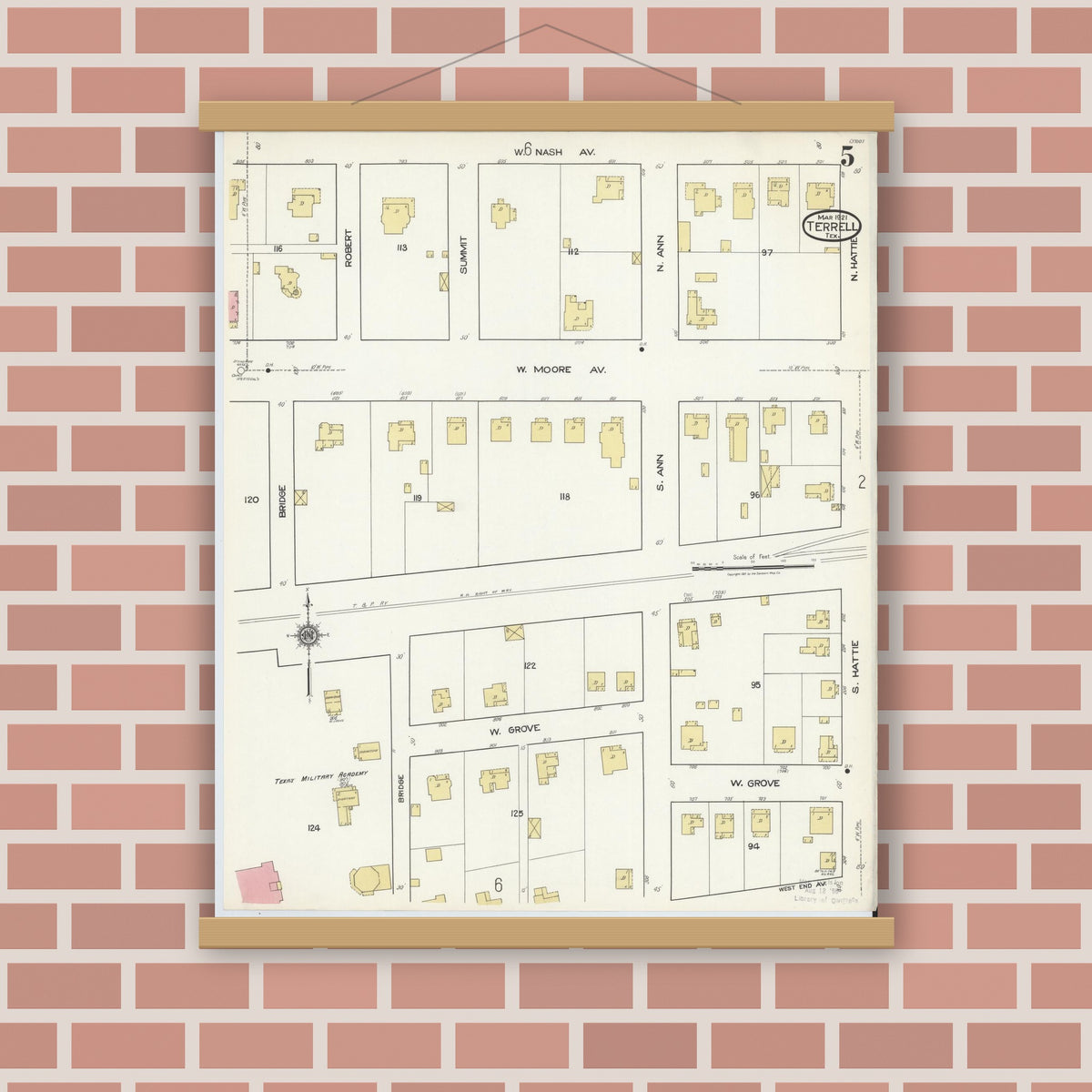 Old map wall art mockup — magnetic wood frame on brick wall — Sanborn Fire Insurance Map from Terrell, Kaufman County, Texas (1921), Sheet #0005