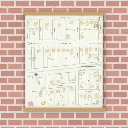 Old map wall art mockup — magnetic wood frame on brick wall — Sanborn Fire Insurance Map from Terrell, Kaufman County, Texas (1921), Sheet #0005