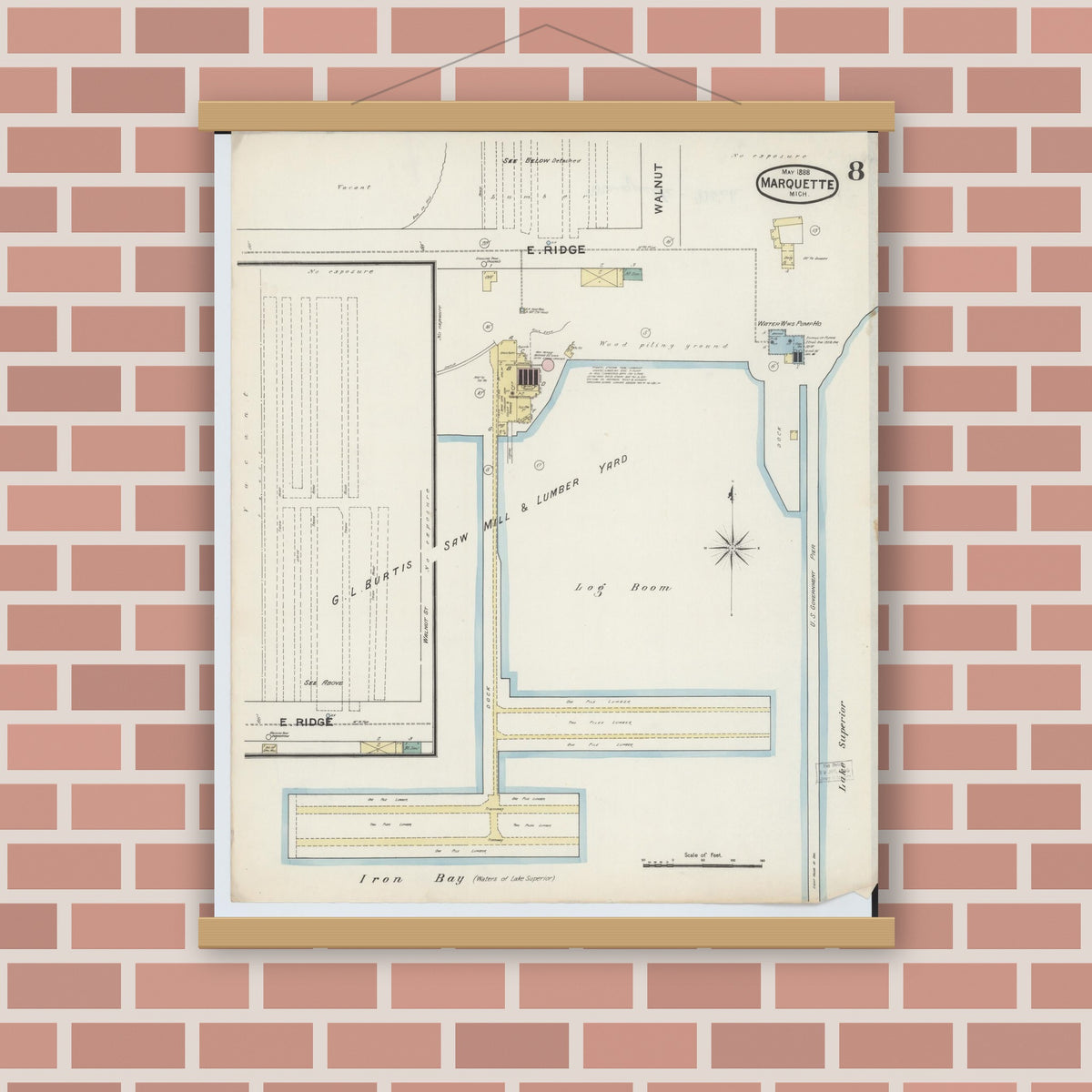 Old map wall art mockup — magnetic wood frame on brick wall — Sanborn Fire Insurance Map from Marquette, Marquette County, Michigan (1888), Sheet #0008