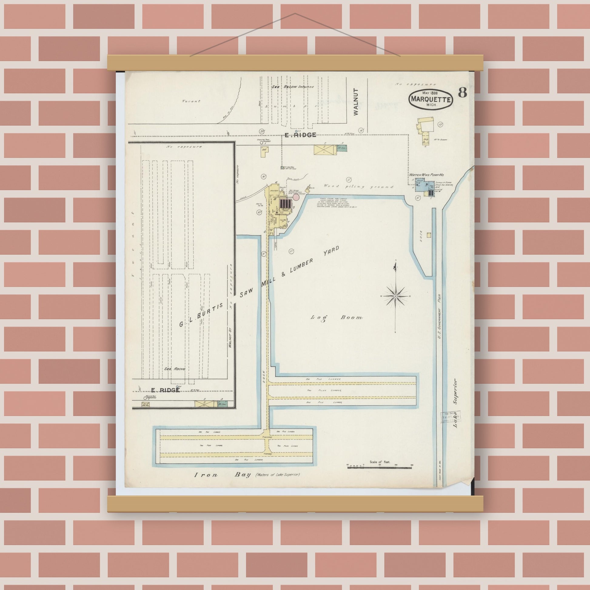 Old map wall art mockup — magnetic wood frame on brick wall — Sanborn Fire Insurance Map from Marquette, Marquette County, Michigan (1888), Sheet #0008