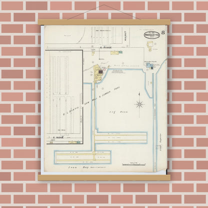 Old map wall art mockup — magnetic wood frame on brick wall — Sanborn Fire Insurance Map from Marquette, Marquette County, Michigan (1888), Sheet #0008