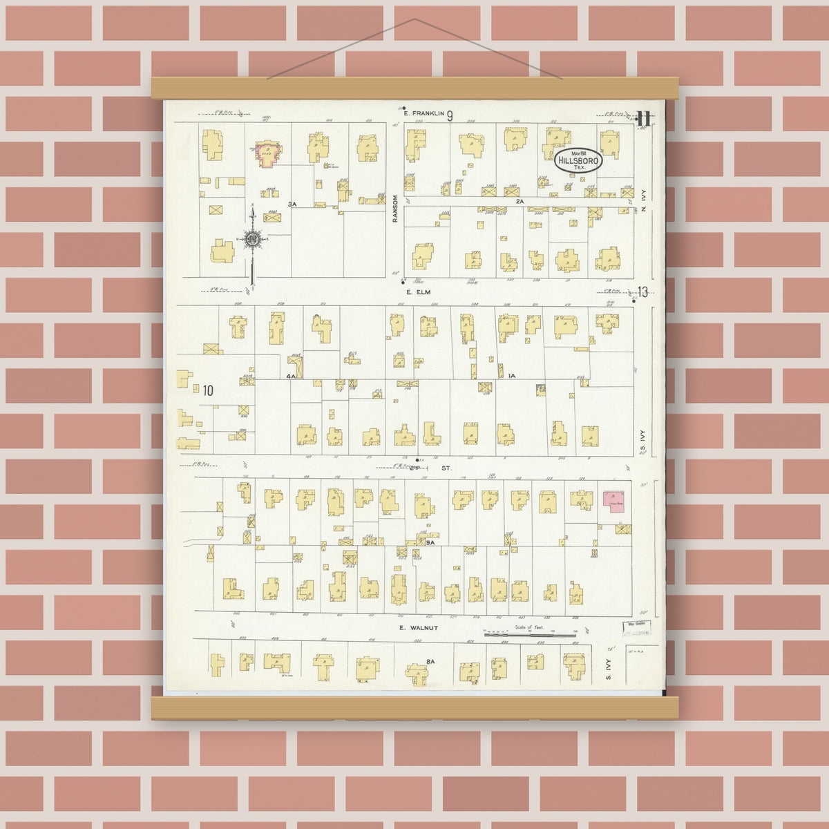 Old map wall art mockup — magnetic wood frame on brick wall — Sanborn Fire Insurance Map from Hillsboro, Hill County, Texas (1911), Sheet #0011